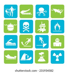 Silhouette Warning Signs for dangers in sea, ocean, beach and rivers - vector icon set 1