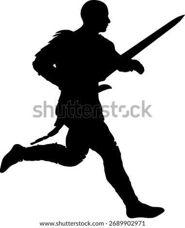 Silhouette of a warrior in battle armor in dynamic pose holding a sword. The figure displays strength, readiness, and combat motion, ideal for fantasy, battle, and heroic themed design projects.