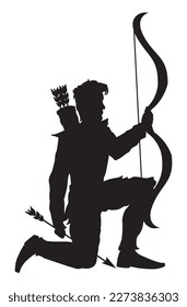 Silhouette warrior man kneeling down one leg with bow and arrow isolated on white background in vector illustration