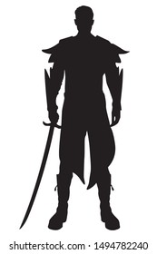 Silhouette warrior man with sword in vector illustration