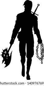 Silhouette Warrior Man Walking With Chain And Weapon Vector illustration