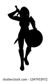 Silhouette warrior woman with armour and sword in vector illustration
