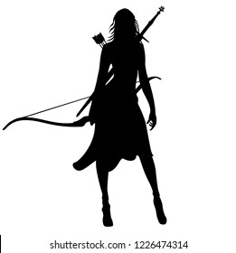 Silhouette Warrior Woman With Bow And Sword In Vector Illustration