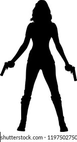 Silhouette Warrior Woman Holding Guns In Vector Illustration