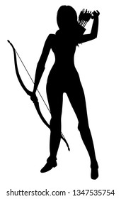 Silhouette warrior woman ready for loading the bow in vector illustration
