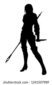 Silhouette warrior woman with spear and knife in vector illustration