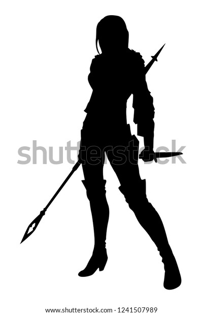 槍とナイフを持つシルエット戦士の女性のベクターイラスト のベクター画像素材 ロイヤリティフリー