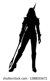 Silhouette warrior woman with spear in vector illustration