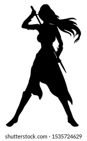 Silhouette Warrior Woman Standing And Taking Out The Sword In Vector Illustration