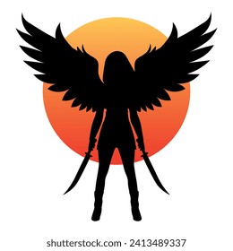 Silhouette Warrior woman with sword sand wings.  on a background red sun. Vector 