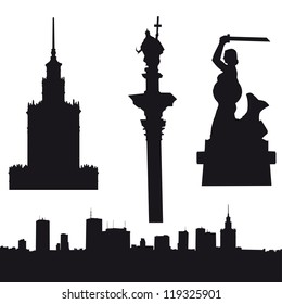 Silhouette of Warsaw in Poland- panorama, Palace of Culture and Since, Sigismund's Column and Warsaw Mermaid.