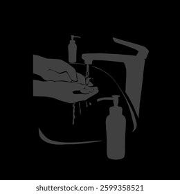 silhouette of washing hands icon in running water tap with soap without background