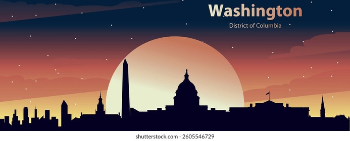 Silhouette of the Washington, DC skyline against the sunset and starry sky