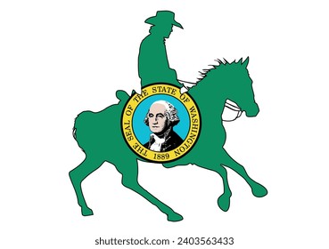 A silhouette of a Washington state cowboy on a horse with inset State flag