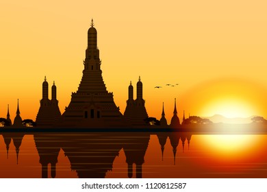 Silhouette of Wat Arun at sunset,The Temple of Dawn, Bangkok ,Thailand.graphic vector