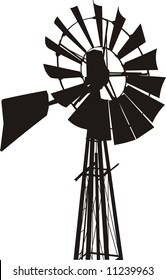 Silhouette of a water pumping windmill as might be seen on a farm.