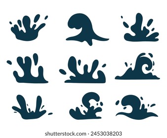 Silhouette Waves Set. Ocean storm round wave. Liquid shape elements Vector illustration EPS10