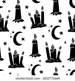 Silhouette wax candle and crescent seamless pattern. Burning wax light at night vector illustration. Hand drawn glim wallpaper. Magical spiritual design. EPS 8