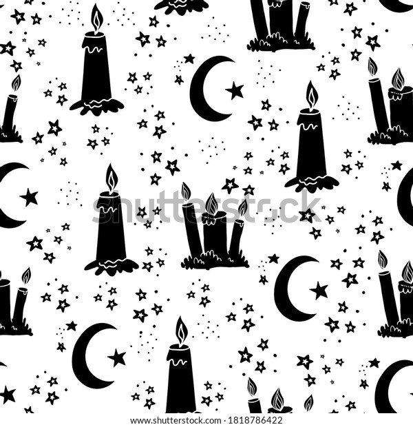 Silhouette wax candle and\
crescent seamless pattern. Burning wax light at night vector\
illustration. Hand drawn glim wallpaper. Magical spiritual design.\
EPS 8