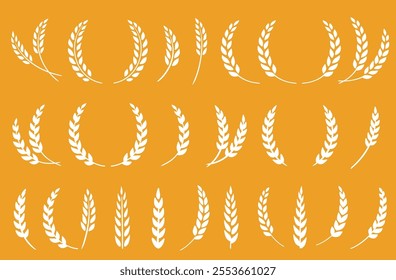 silhouette of weat ears, barley and rye spikelet, sheaf and branch set icon