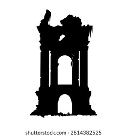 Silhouette of a weathered stone tower showcasing historic architecture and ancient construction techniques, set against a plain background.
