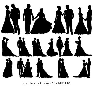 silhouette of wedding bride and groom, set