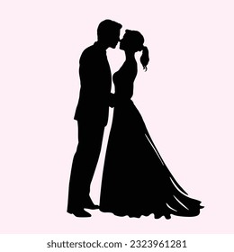 Silhouette wedding couple groom and bride. A happy couple celebrates a wedding, kisses, Wedding ceremony, Marriage, vector