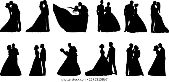 silhouette wedding men and women set on white background vector