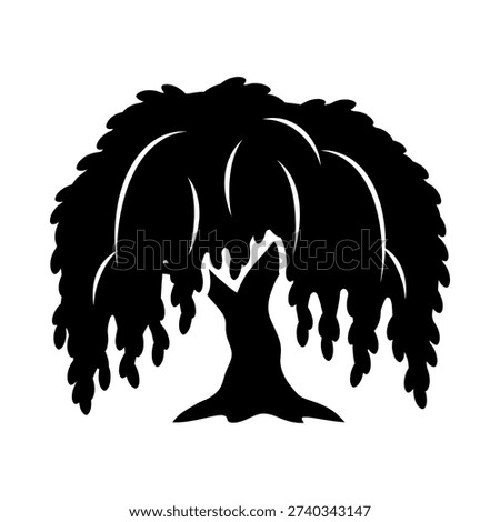 Silhouette weeping willow tree with dramatic black branches against white background minimalist art