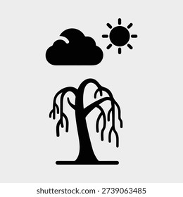 Silhouette weeping willow tree under cloud and sun Vector illustration
