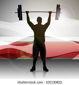 Silhouette Of A Weight Lifter With Heavy Weight On Abstract Red Wave Background. EPS 10.