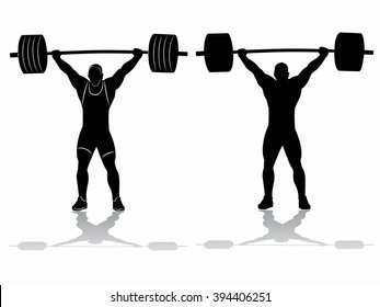 silhouette of weightlifter with barbell. black and white drawing on a white background