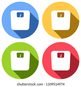 silhouette of weights, simple symbol. Set of white icons with long shadow on blue, orange, green and red colored circles. Sticker style