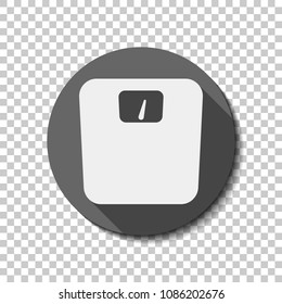 silhouette of weights, simple symbol. White flat icon with long shadow in circle on transparent background. Badge or sticker style