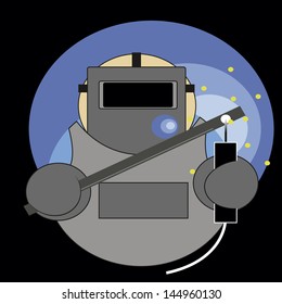 silhouette of welder working with an iron bar, circle framed in blue and black background.