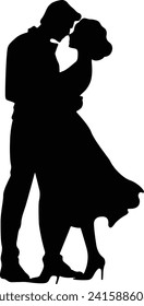 Silhouette of a well-dressed mature couple kissing hugging vector for romantic loving design decoration