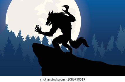 Silhouette of a werewolf agains the full moon.