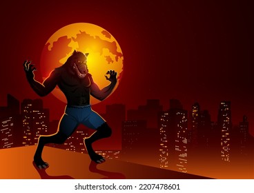 Silhouette of a werewolf standing on the edge of a building with night cityscape and full moon as the background