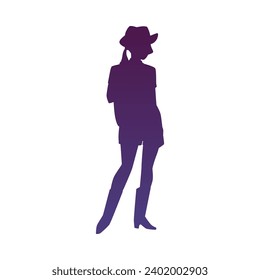 Silhouette of western cowgirl in hat, vector illustration isolated on white background drawn in flat cartoon style. Young woman dressed in wild west style. Female character, design icon