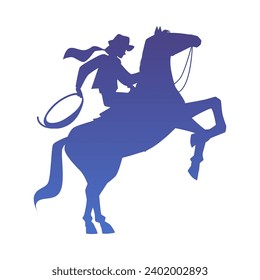 Silueta de vaquera occidental sobre caballo, ilustración vectorial aislada sobre fondo blanco dibujada al estilo de dibujos planos. Joven con sombrero, vestido al estilo salvaje del oeste. Caracter femenino montado en caballo salvaje