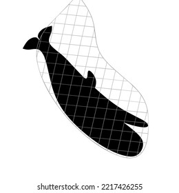 Silhouette of a whale caught in a net. Whale trapped on a white background. Great for posters don't hunt protected animals, animals that are about to become extinct. Vector illustration