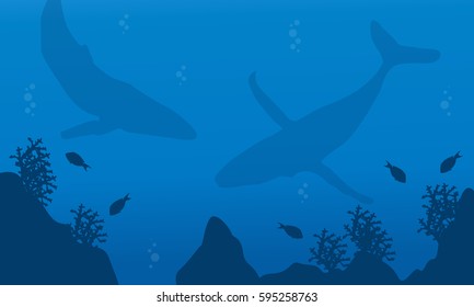 Silhouette of whale collection underwater landscape