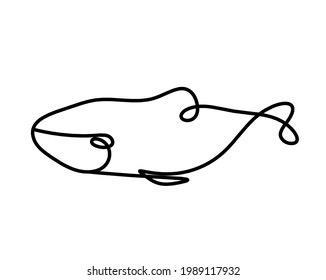 Silhouette of whale as line drawing on white background. Vector