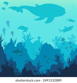 Silhouette of a whale and sea animals.Vector illustration with silhouettes of underwater flora and fauna.