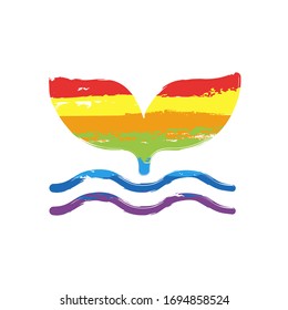 Silhouette of whale tail on wave. Drawing sign with LGBT style, seven colors of rainbow (red, orange, yellow, green, blue, indigo, violet