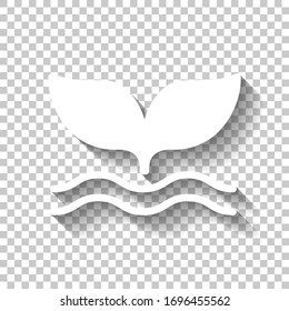 Silhouette of whale tail on wave. White icon with shadow on transparent background