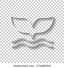 Silhouette of whale tail on wave. White outline sign with shadow on transparent background
