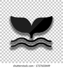 Silhouette of whale tail on wave. Black glass icon with soft shadow on transparent background