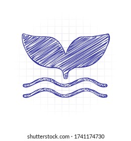 Silhouette of whale tail on wave. Hand drawn sketched picture with scribble fill. Blue ink. Doodle on white background