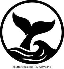 Silhouette Whale tail and waves in a circle Vector illustration